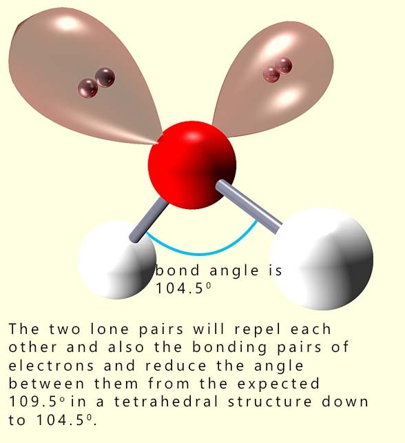 3d model of a water molecule with its 2 lone pairs of electrons