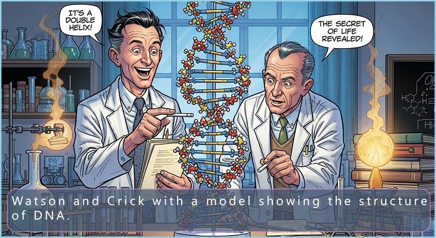 Watson and Crick with a model showing the structure of DNA.